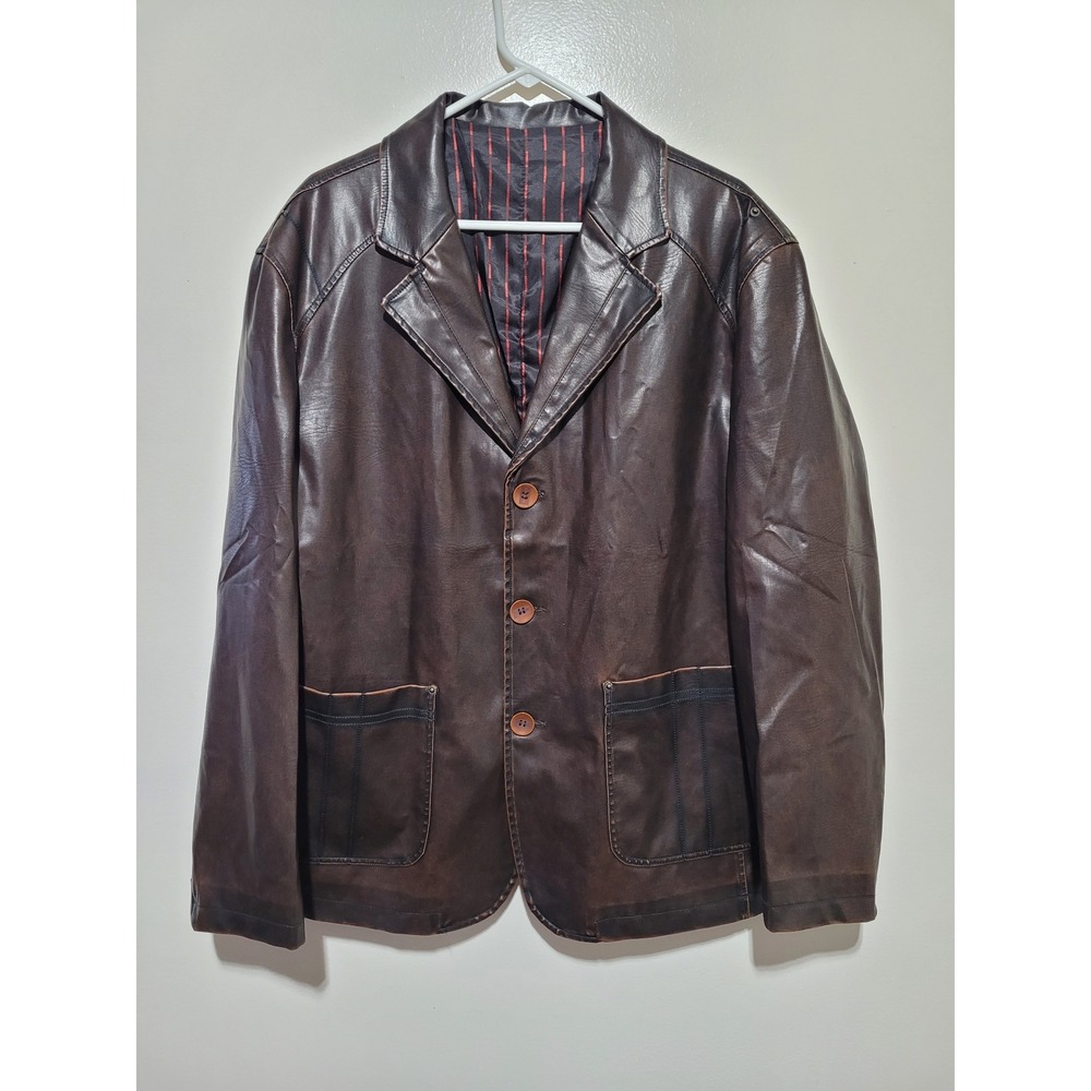 Pancaldi Leather Blazer Mens 54 Brown 3-Button Striped Lining Jacket‎